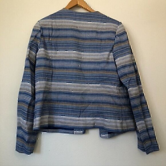 LAUNDRY BY SHELLI SEGAL Blue White Tan Striped Tweed Open Front Blazer Jacket 14 - Picture 9 of 11